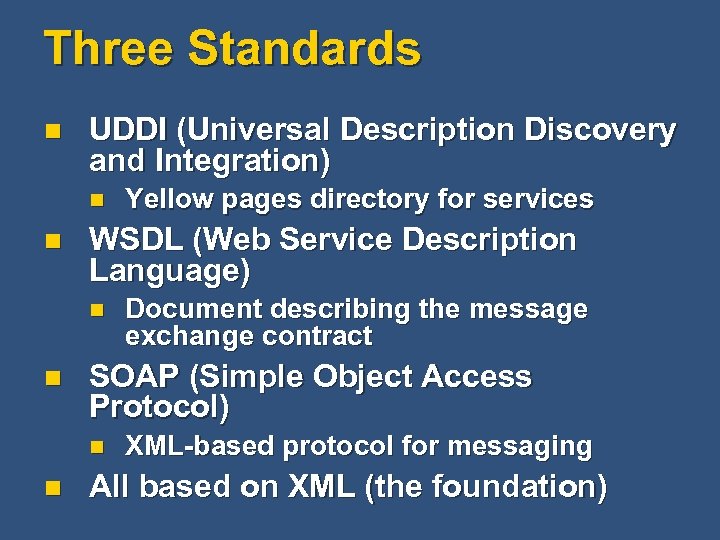 Three Standards n UDDI (Universal Description Discovery and Integration) n n WSDL (Web Service