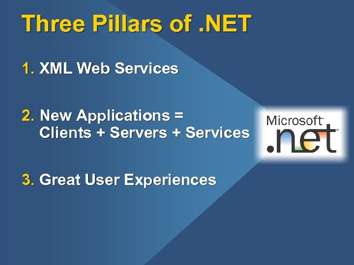 Three Pillars of. NET 1. XML Web Services 2. New Applications = Clients +