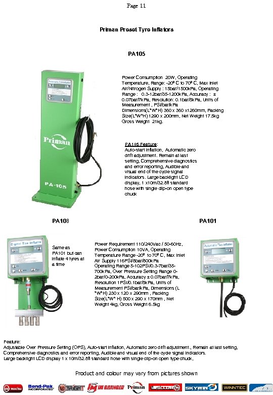 Page 11 Priman Preset Tyre Inflators PA 105 Power Consumption 20 W, Operating Temperature,