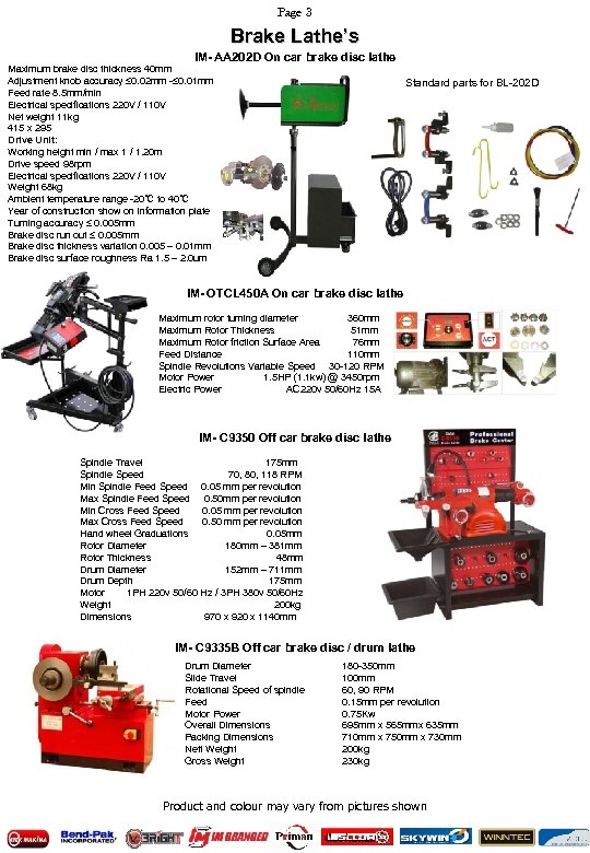Page 3 Brake Lathe’s IM- AA 202 D On car brake disc lathe Maximum
