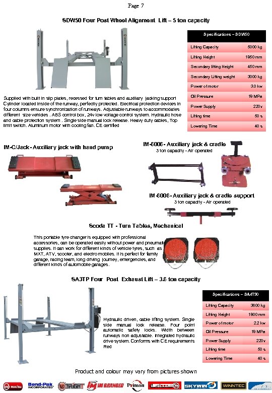 Page 7 SDW 50 Four Post Wheel Alignment Lift – 5 ton capacity Specifications