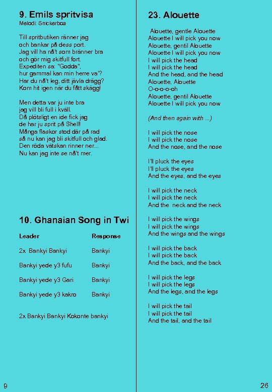 9. Emils spritvisa 23. Alouette Melodi: Snickerboa Till spritbutiken ränner jag och bankar på