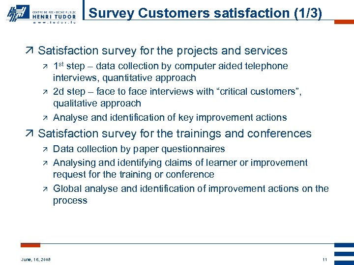 Survey Customers satisfaction (1/3) ä Satisfaction survey for the projects and services ä ä