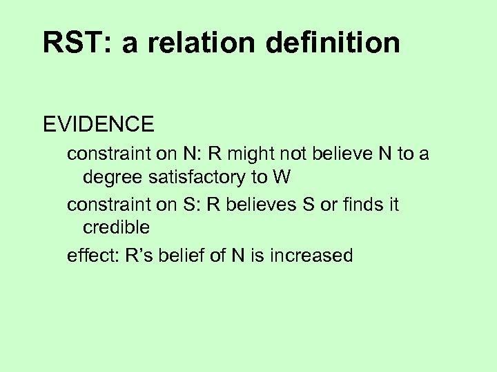 RST: a relation definition EVIDENCE constraint on N: R might not believe N to
