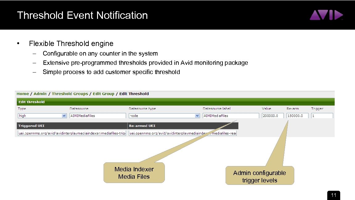 Threshold Event Notification • Flexible Threshold engine – – – Configurable on any counter