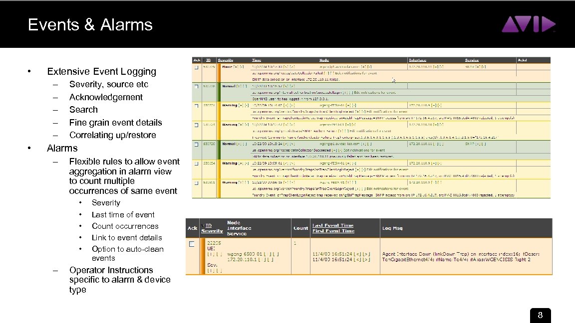 Events & Alarms • Extensive Event Logging – – – • Severity, source etc