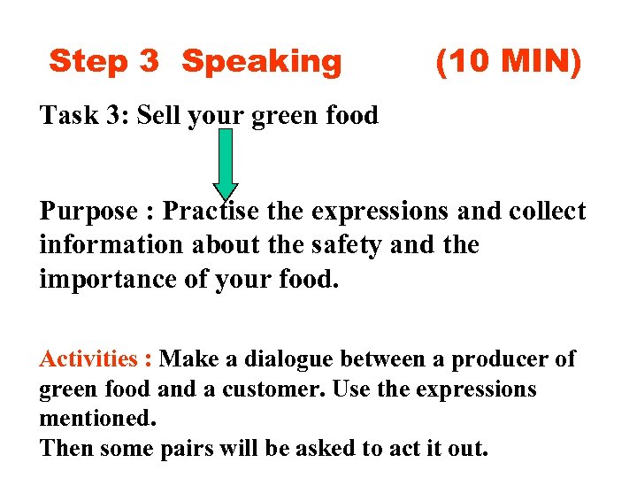 Step 3 Speaking (10 MIN) Task 3: Sell your green food Purpose : Practise