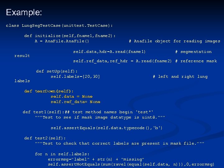Example: class Lung. Seg. Test. Case(unittest. Test. Case): def initialize(self, fname 1, fname 2):
