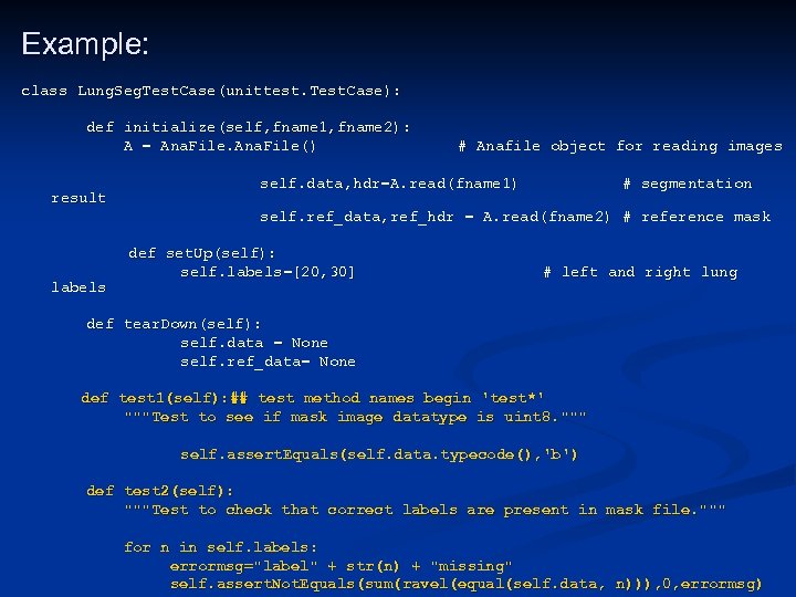 Example: class Lung. Seg. Test. Case(unittest. Test. Case): def initialize(self, fname 1, fname 2):