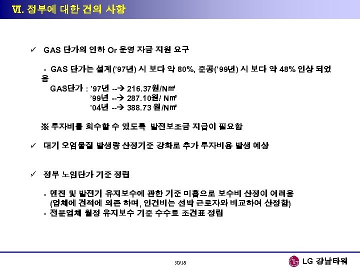 Ⅵ. 정부에 대한 건의 사항 ü GAS 단가의 인하 Or 운영 자금 지원 요구