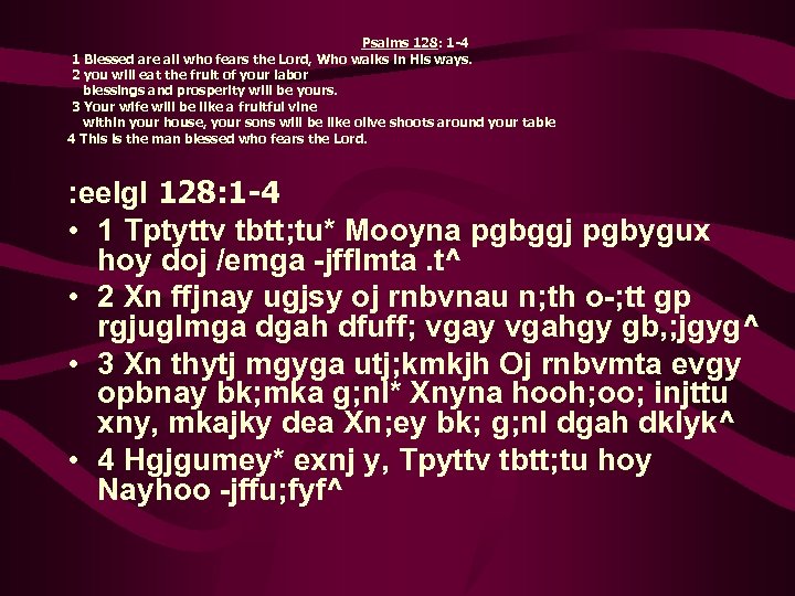 Psalms 128: 1 -4 1 Blessed are all who fears the Lord, Who walks
