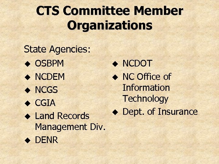 CTS Committee Member Organizations State Agencies: u u u OSBPM NCDEM NCGS CGIA Land