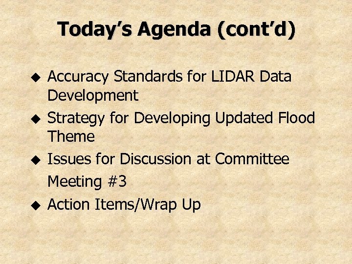 Today’s Agenda (cont’d) u u Accuracy Standards for LIDAR Data Development Strategy for Developing