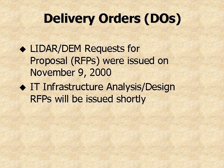 Delivery Orders (DOs) u u LIDAR/DEM Requests for Proposal (RFPs) were issued on November