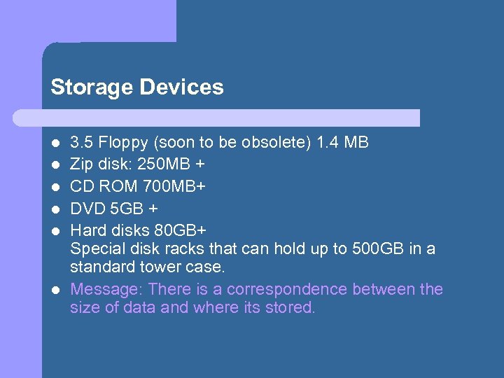 Storage Devices l l l 3. 5 Floppy (soon to be obsolete) 1. 4