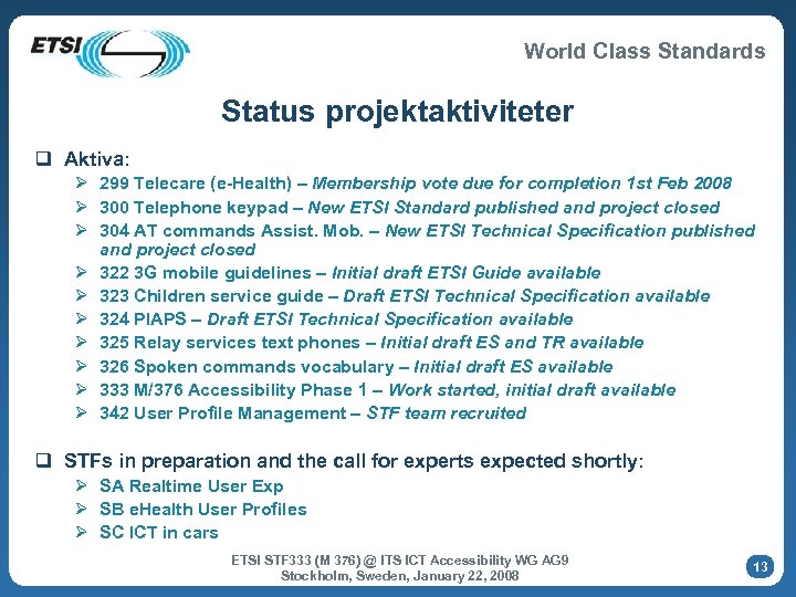 World Class Standards Status projektaktiviteter q Aktiva: Ø 299 Telecare (e-Health) – Membership vote