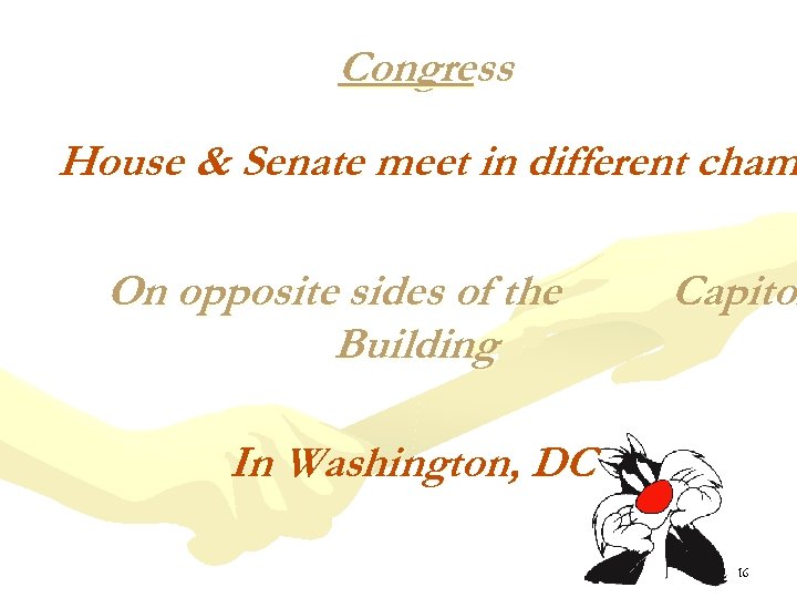 Congress House & Senate meet in different cham On opposite sides of the Building