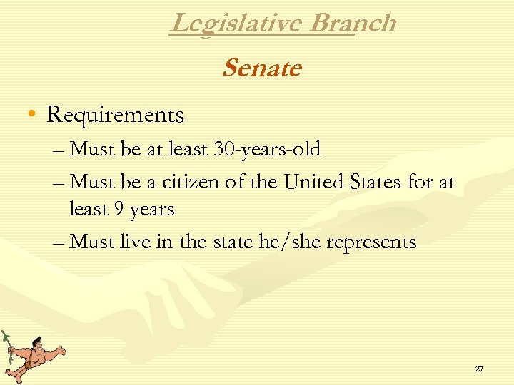 Legislative Branch Senate • Requirements – Must be at least 30 -years-old – Must