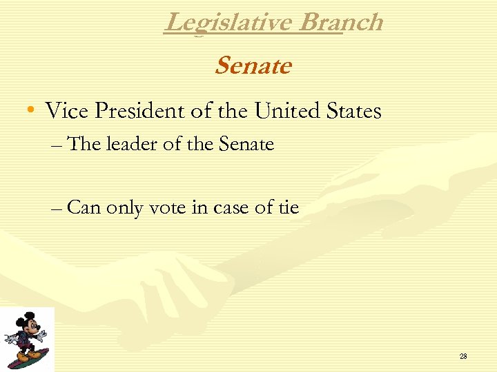 Legislative Branch Senate • Vice President of the United States – The leader of