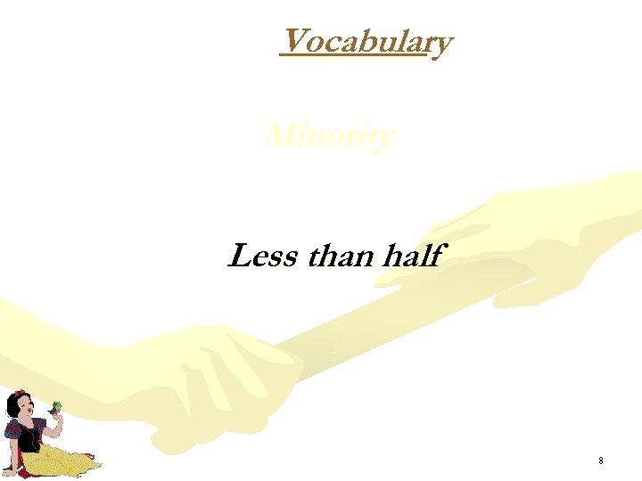 Vocabulary Minority Less than half 8 