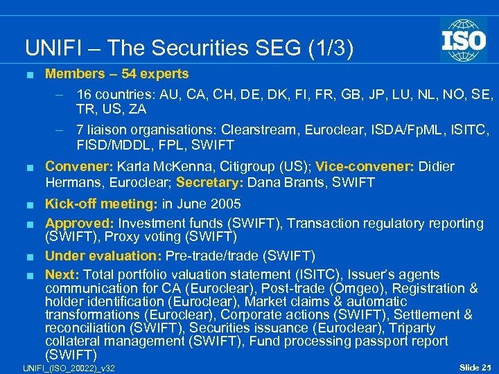 UNIFI – The Securities SEG (1/3) < Members – 54 experts – 16 countries: