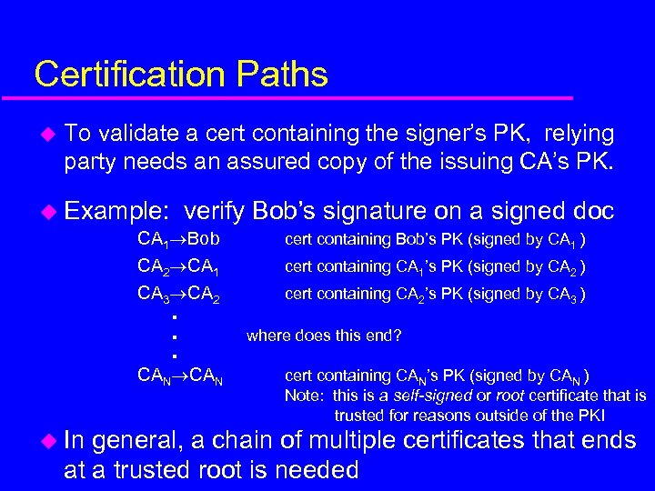 Certification Paths u To validate a cert containing the signer’s PK, relying party needs