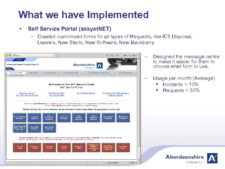 What we have Implemented • Self Service Portal (assyst. NET) – Created customised forms