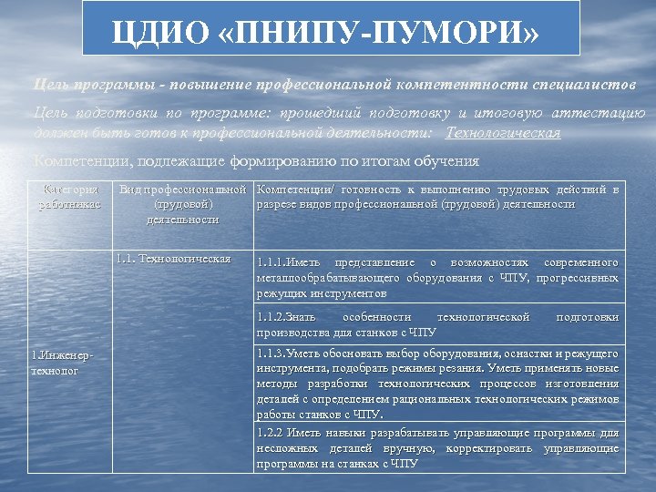 ЦДИО «ПНИПУ-ПУМОРИ» Цель программы - повышение профессиональной компетентности специалистов Цель подготовки по программе: прошедший