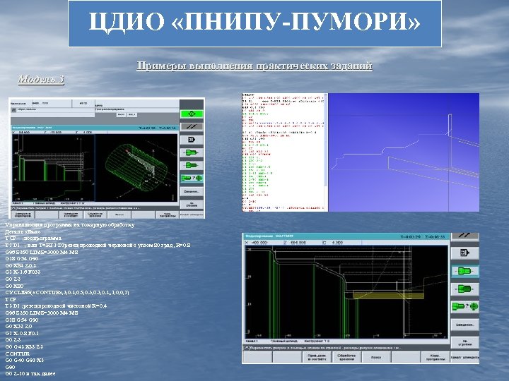 ЦДИО «ПНИПУ-ПУМОРИ» Примеры выполнения практических заданий Модуль 3 Вызов симуляции обработки Управляющая программа на