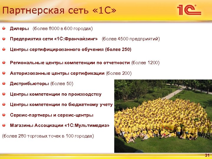Партнерская сеть « 1 С» Дилеры (более 8000 в 600 городах) Предприятия сети «