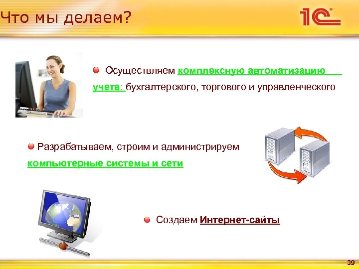 Что мы делаем? Осуществляем комплексную автоматизацию учета: бухгалтерского, торгового и управленческого Разрабатываем, строим и