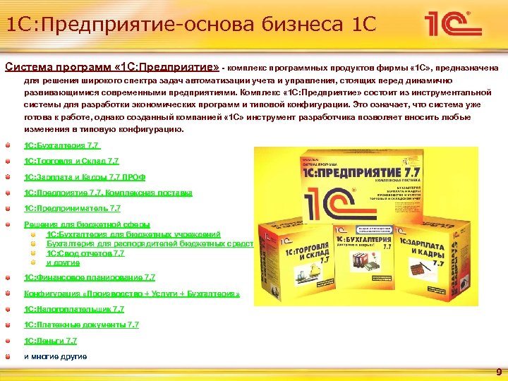 1 С: Предприятие-основа бизнеса 1 С Система программ « 1 С: Предприятие» - комплекс