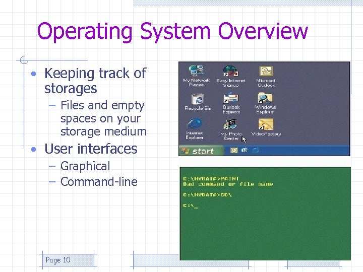 Operating System Overview • Keeping track of storages – Files and empty spaces on