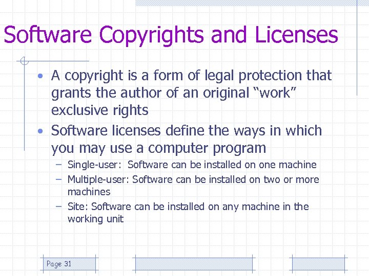 Software Copyrights and Licenses • A copyright is a form of legal protection that