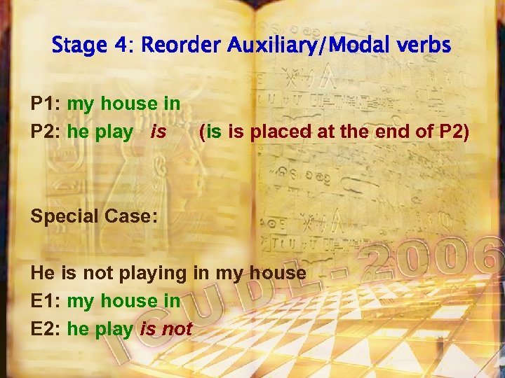 Stage 4: Reorder Auxiliary/Modal verbs P 1: my house in P 2: he play