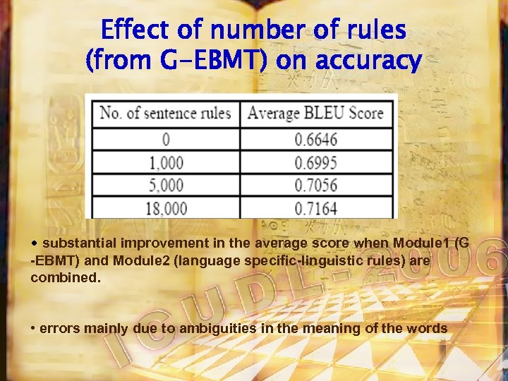 Effect of number of rules (from G-EBMT) on accuracy • substantial improvement in the