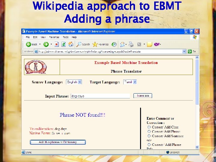 Wikipedia approach to EBMT Adding a phrase 