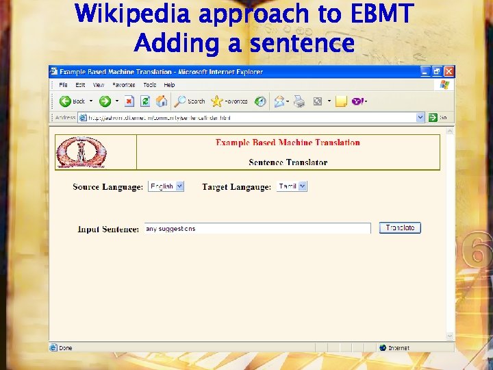 Wikipedia approach to EBMT Adding a sentence 