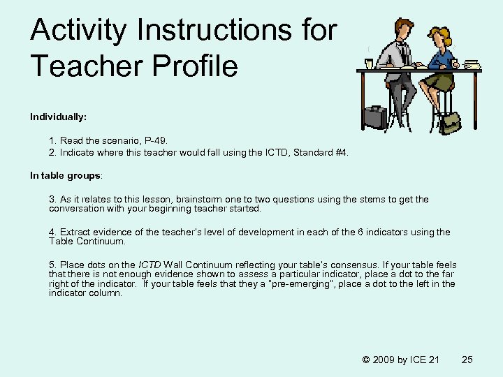 Activity Instructions for Teacher Profile Individually: 1. Read the scenario, P-49. 2. Indicate where