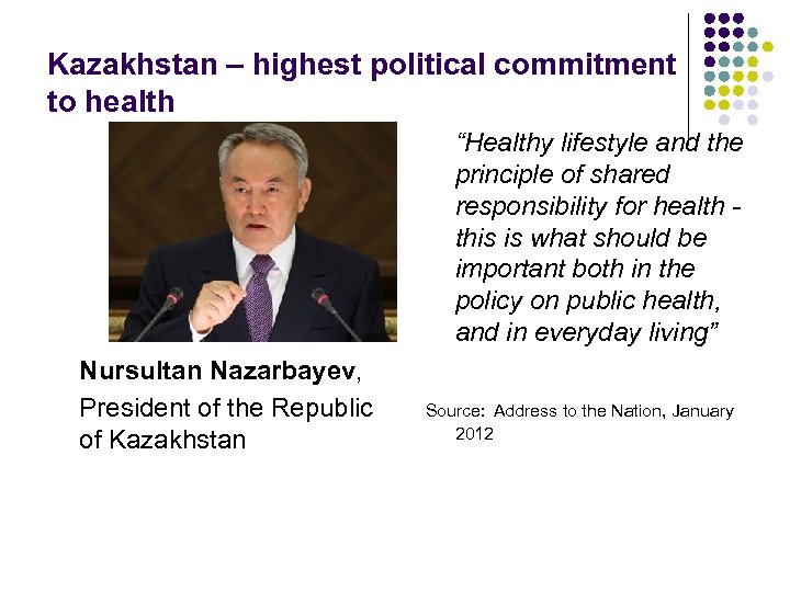 Kazakhstan – highest political commitment to health “Healthy lifestyle and the principle of shared
