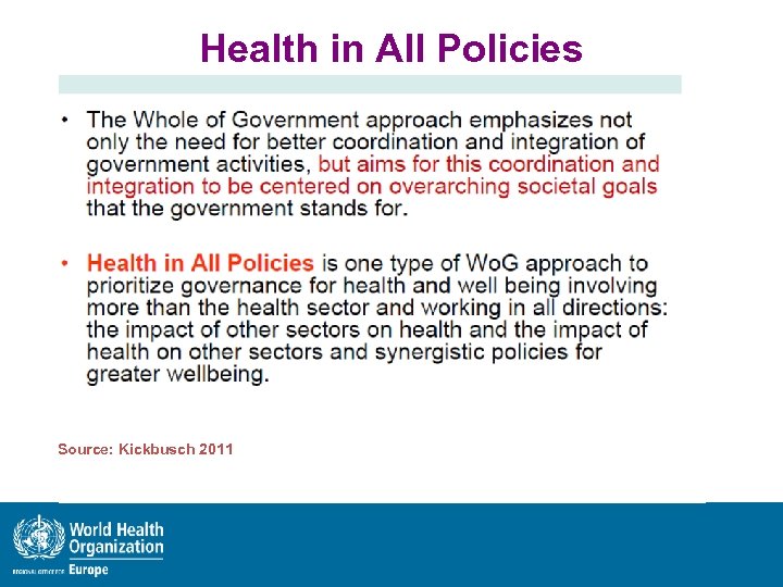 Health in All Policies Source: Kickbusch 2011 