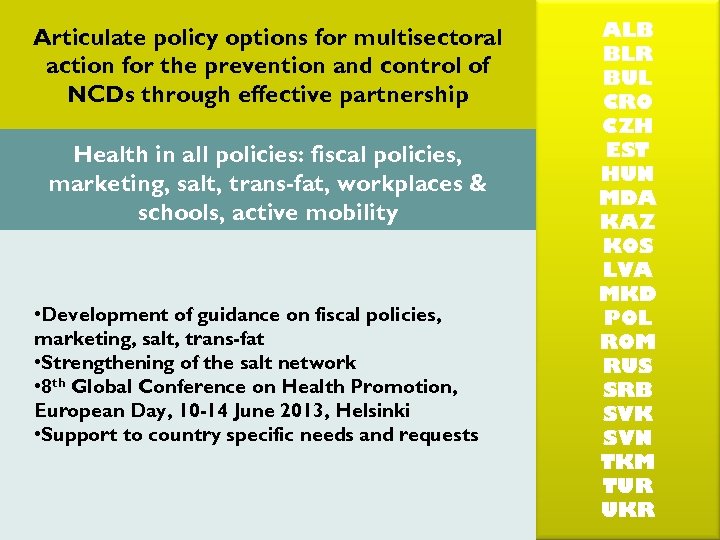 Articulate policy options for multisectoral action for the prevention and control of NCDs through