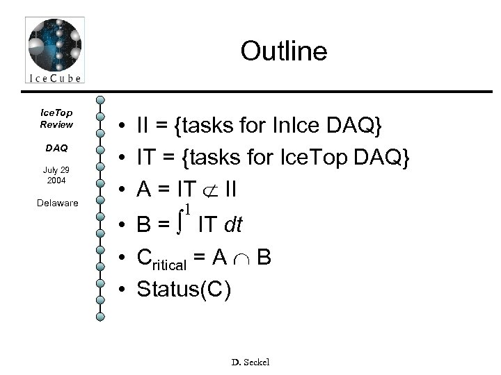 Outline Ice. Top Review DAQ July 29 2004 Delaware • II = {tasks for