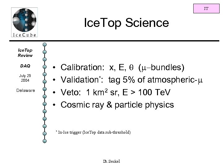 IT Ice. Top Science Ice. Top Review DAQ July 29 2004 Delaware Calibration: x,