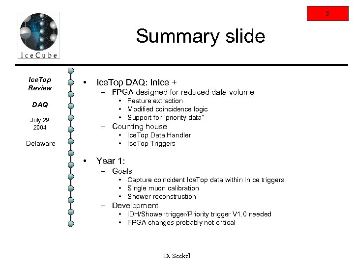 S Summary slide Ice. Top Review • Ice. Top DAQ: In. Ice + –