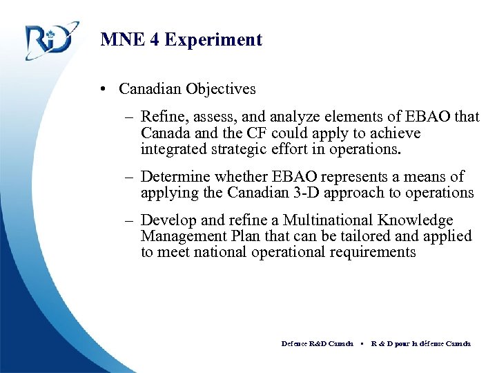 MNE 4 Experiment • Canadian Objectives – Refine, assess, and analyze elements of EBAO