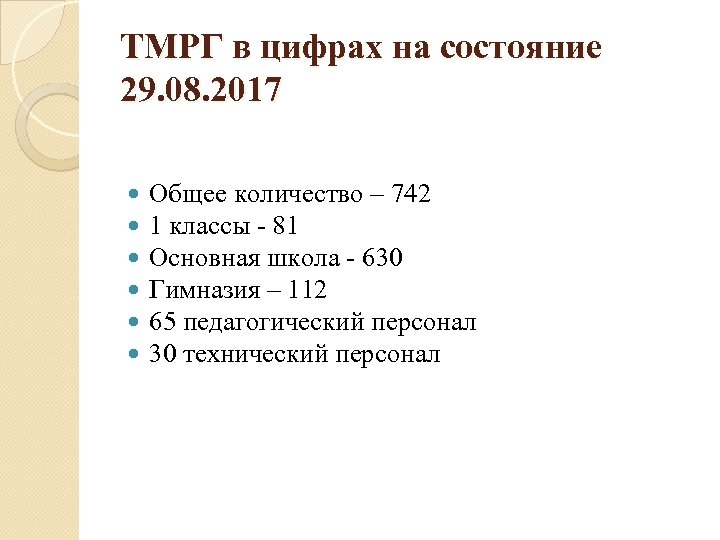 ТМРГ в цифрах на состояние 29. 08. 2017 Общее количество – 742 1 классы