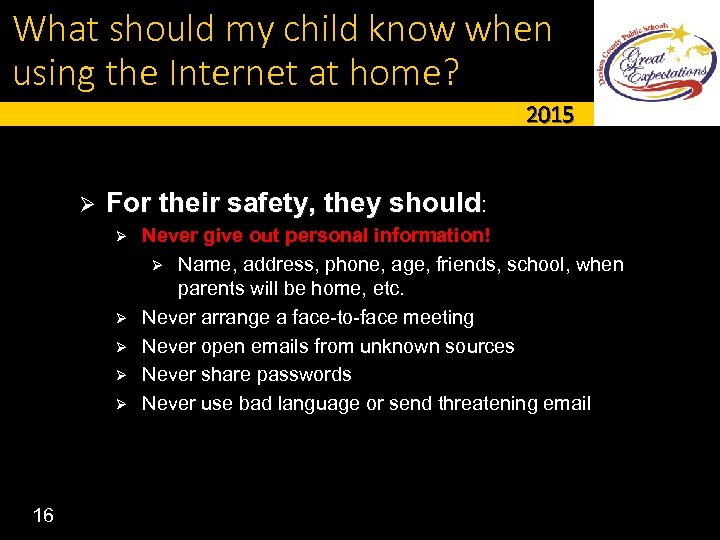 What should my child know when using the Internet at home? 2015 Ø For