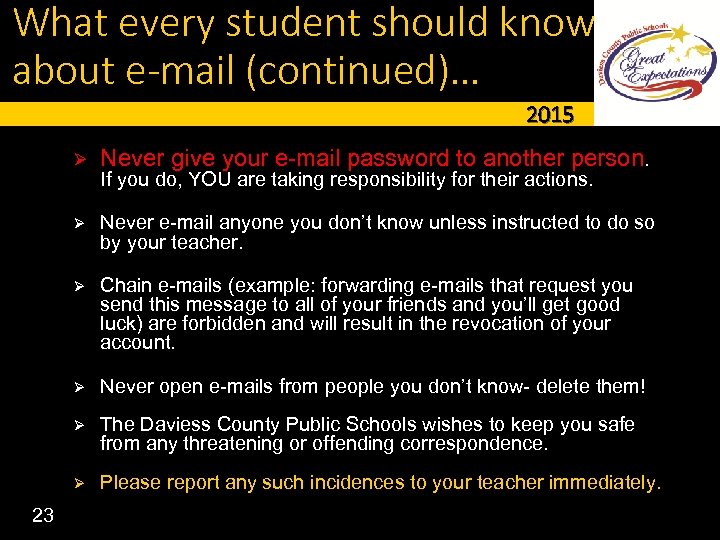 What every student should know about e-mail (continued)… 2015 Ø Ø Ø Never e-mail