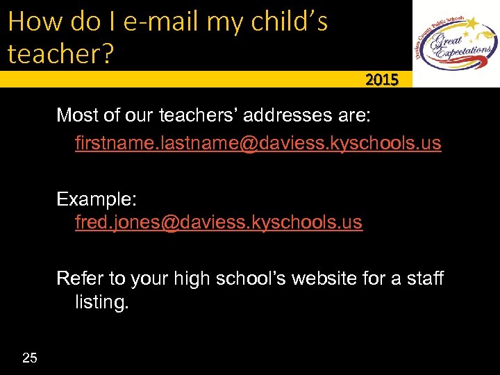 How do I e-mail my child’s teacher? 2015 Most of our teachers’ addresses are: